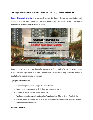 Godrej Chandivali Mumbai - Close to The City, Closer to Nature