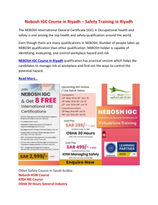 Nebosh IGC Course in Riyadh – Safety Training in Riyadh