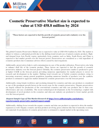 Cosmetic Preservative Market size is expected to value at USD 458.8 million by 2