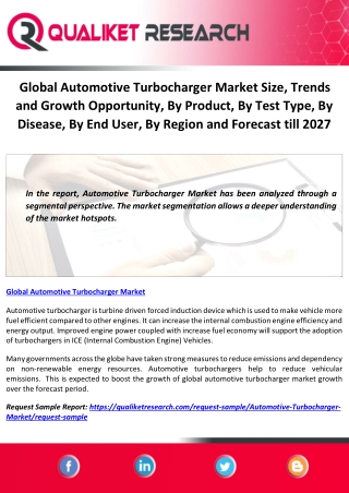 Global Automotive Turbocharger Market Size, Trends and Growth Opportunity, By Product, By Test Type, By Disease, By End