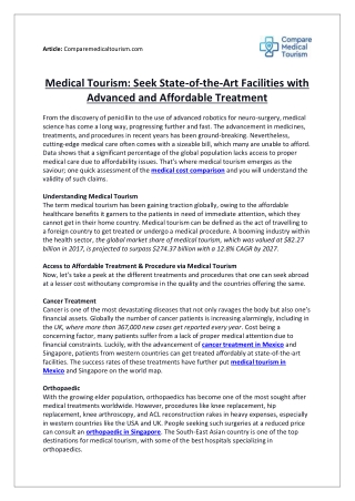 Medical Tourism Seek State-of-the-Art Facilities with Advanced and Affordable Treatment