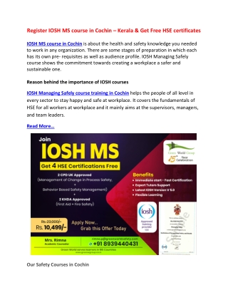Register IOSH MS course in Cochin – Kerala & Get Free HSE certificates