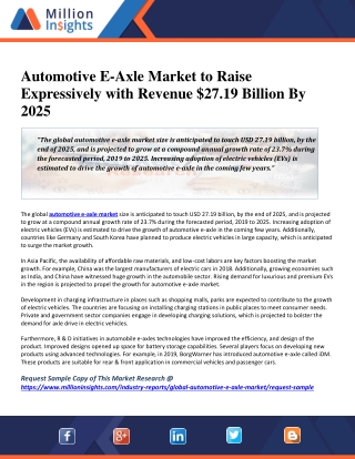 Automotive E-Axle Market to Raise Expressively with Revenue $27.19 Billion By 2025