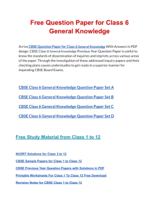 CBSE Question Papers Class 6 General Knowledge PDF Solutions Download