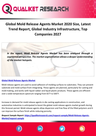 Global Mold Release Agents Market 2020 Size, Latest Trend Report, Global Industry Infrastructure, Top Companies 2027