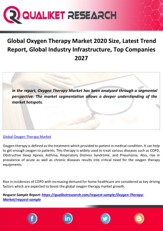 Global Oxygen Therapy Market 2020 Size, Latest Trend Report, Global Industry Infrastructure, Top Companies 2027