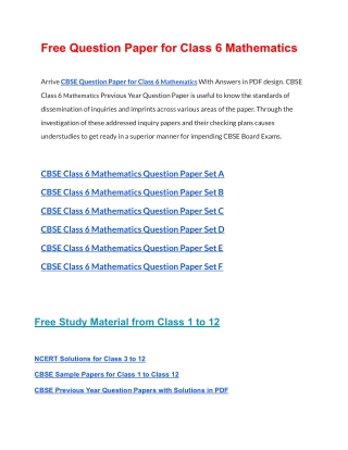 CBSE Question Papers Class 6 Mathematics PDF Solutions Download