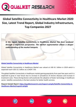 Global Satellite Connectivity in Healthcare Market 2020 Size, Latest Trend Report, Global Industry Infrastructure, Top C
