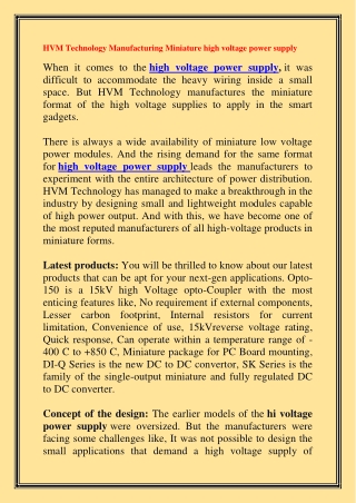 HVM Technology Manufacturing Miniature high voltage power supply