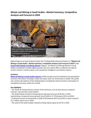 Metals and Mining in Saudi Arabia - Market Summary, Competitive Analysis and Forecast to 2024