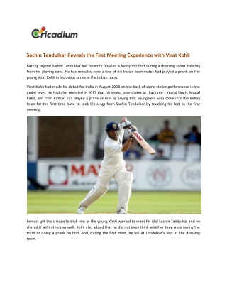 Sachin Tendulkar Reveals the First Meeting Experience with Virat Kohli