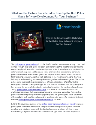 What are the Factors Considered to Develop the Best Poker Game Software Development For Your Business