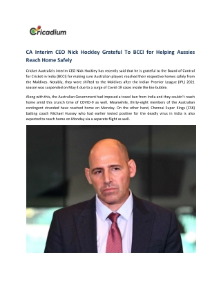CA Interim CEO Nick Hockley Grateful To BCCI for Helping Aussies Reach Home Safely