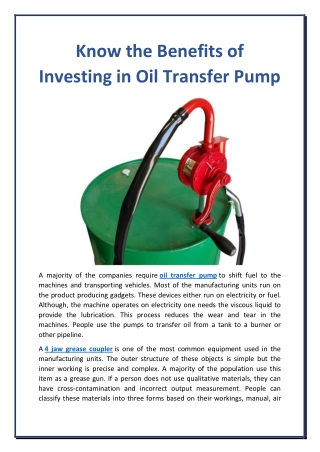 Know the Benefits of Investing in Oil Transfer Pump