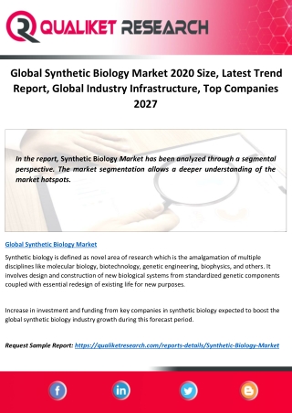 Global Synthetic Biology Market 2020 Size, Latest Trend Report, Global Industry Infrastructure, Top Companies 2027