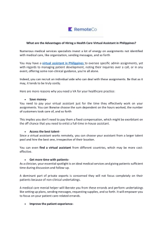 What are the Advantages of Hiring a Health Care Virtual Assistant in Philippines
