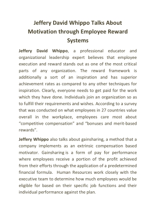 Jeffery David Whippo Talks About Motivation through Employee Reward Systems