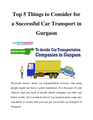 Top 5 things to consider for a Successful Car Transport In Gurgaon