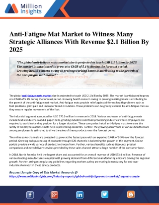 Anti-Fatigue Mat Market to Witness Many Strategic Alliances With Revenue $2.1 Billion By 2025