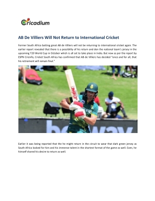 AB De Villiers Will Not Return to International Cricket