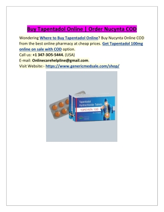 Buy Tapentadol Online For pain relief medicine | Order Nucynta COD