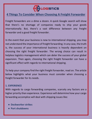 4 Things To Consider When Choosing A Freight Forwarder