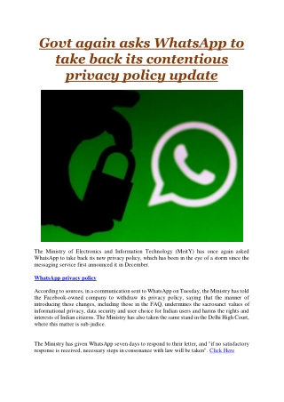 Govt again asks WhatsApp to take back its contentious privacy policy update