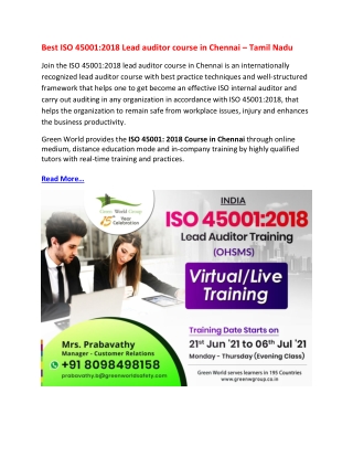 Best ISO 45001 Lead auditor course in Chennai – Tamil Nadu