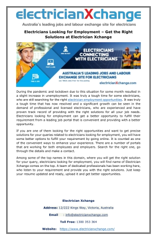 Electricians Looking for Employment – Get the Right Solutions at Electrician Xchange