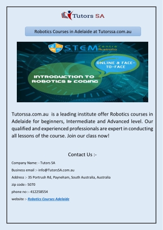 Robotics Courses in Adelaide at Tutorssa.com.au