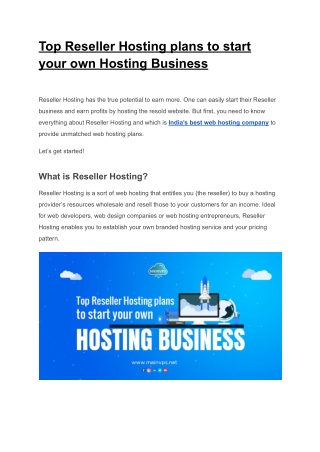 Top Reseller Hosting plans to start your own Hosting Business