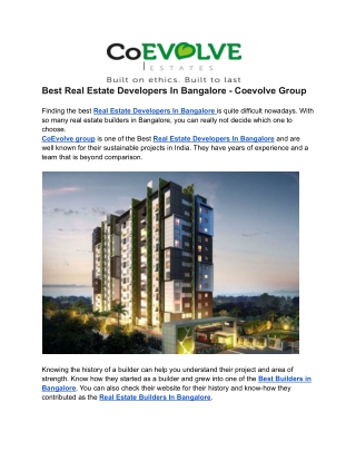 Best Real Estate Developers In Bangalore - Coevolve Group