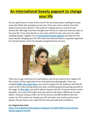 An International beauty pageant to change your life