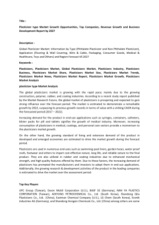 Plasticizers Market Analysis