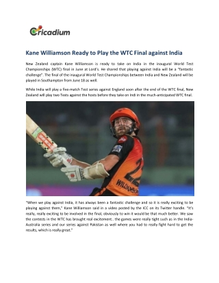 Kane Williamson Ready to Play The WTC Final Against India