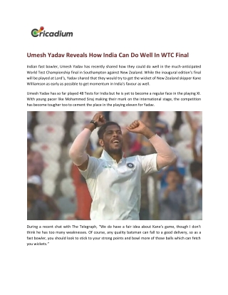 Umesh Yadav Reveals How India Can Do Well In WTC Final