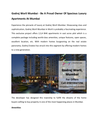 Godrej Worli Mumbai - Be A Proud Owner Of Spacious Luxury Apartments At Mumbai