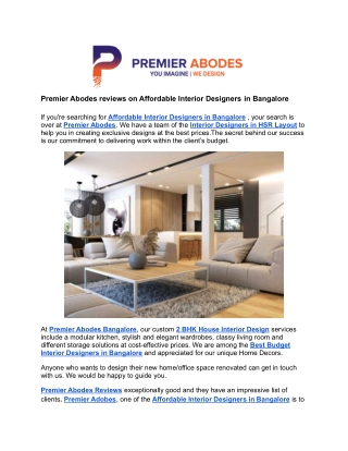 Premier Abodes reviews on Affordable Interior Designers in Bangalore
