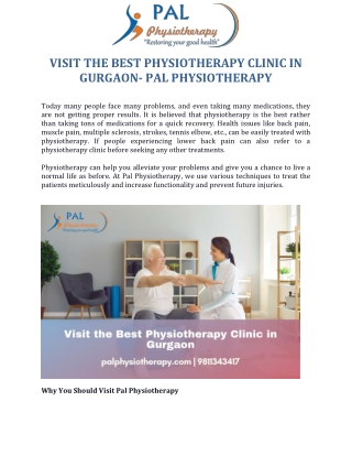 Visit the Best Physiotherapy Clinic in Gurgaon- Pal Physiotherapy