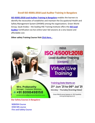Enroll ISO 45001 Lead Auditor Training in Bangalore