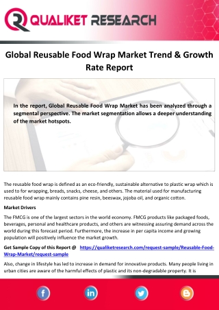 Global  Reusable Food Wrap Market Top Competitors, Application, Price Structure,