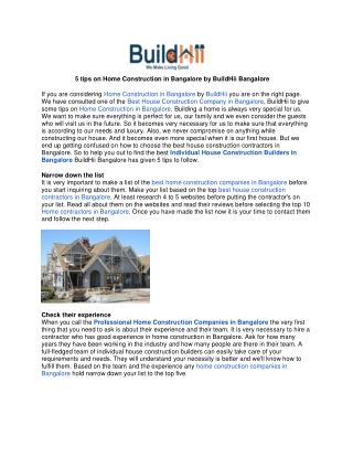 5 tips on Home Construction in Bangalore by BuildHii Bangalore