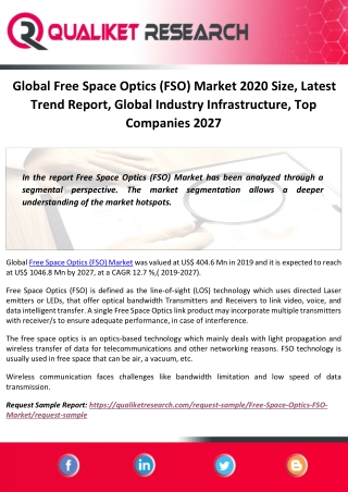 Global Free Space Optics (FSO) Market 2020 Size, Latest Trend Report, Global Industry Infrastructure, Top Companies 2027