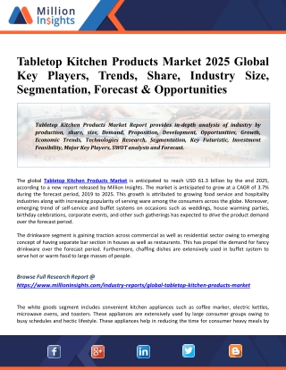 Tabletop Kitchen Products Market: Rising Demand, Future Scope, Market Status