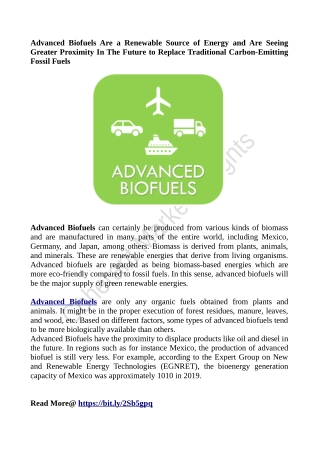 Advanced Biofuels Are a Renewable Source of Energy and Are Seeing Greater Proxim