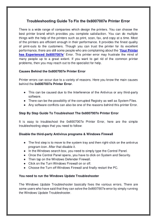 Troubleshooting Guide To Fix the 0x8007007e Printer Error