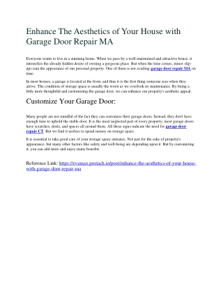 Enhance The Aesthetics of Your House with Garage Door Repair MA