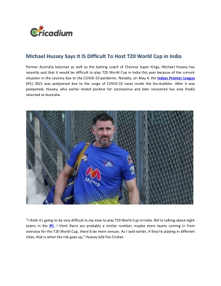 Michael Hussey Says It IS Difficult To Host T20 World Cup in India