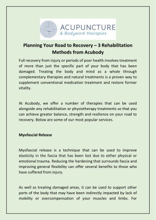 Planning Your Road to Recovery – 3 Rehabilitation Methods from Acubody