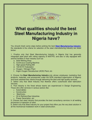 What qualities should the best Steel Manufacturing Industry in Nigeria have